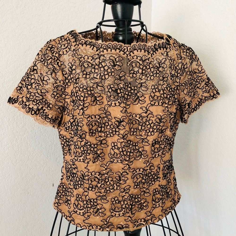 Talbots Beige Top with Black Floral Lace Overlay